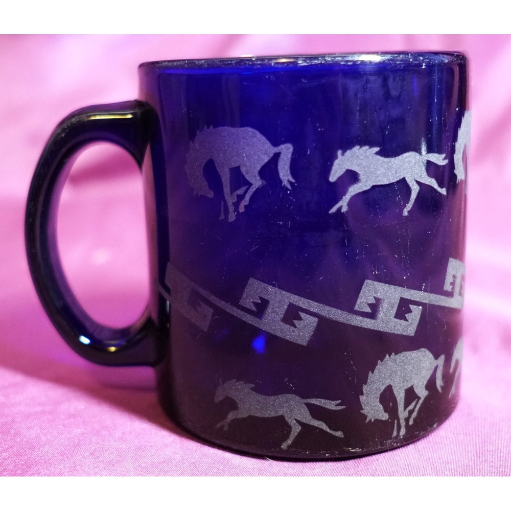 Libby Cobalt Blue Glass Mug Galloping Horses Geometric Fence Mug USA '93